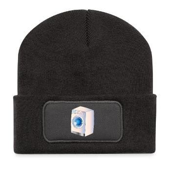 Waschmaschine im Comic Stil für frische Ideen - Recycelte Patch Beanie - Dunkelgrau - Vorne
