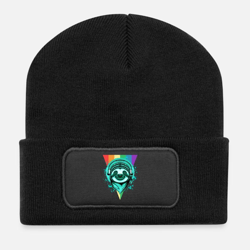 Paresseux avec écouteurs &Arc-en-ciel - Beanie recyclé à patch - noir