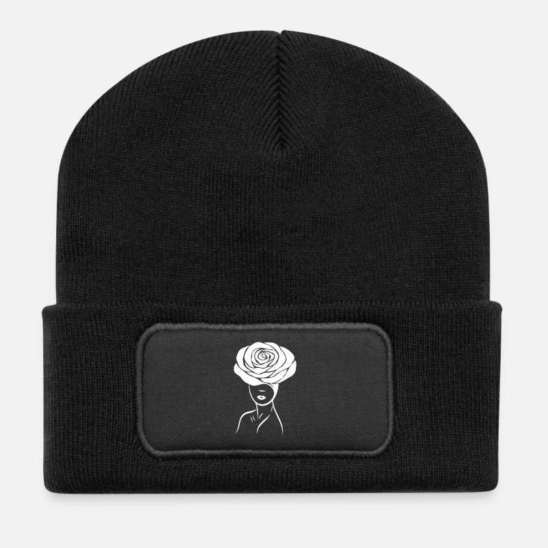 Mädchen / Lady mit Blume (Rose) auf dem Kopf - Recycelte Patch Beanie - Schwarz