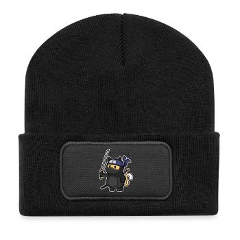 Humor Süße Katze Kawaii Chibi als Ninja Katze - Recycelte Patch Beanie - Schwarz - Vorne