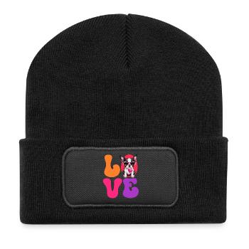 Hund Boston Terrier - Recycelte Patch Beanie - Schwarz - Vorne