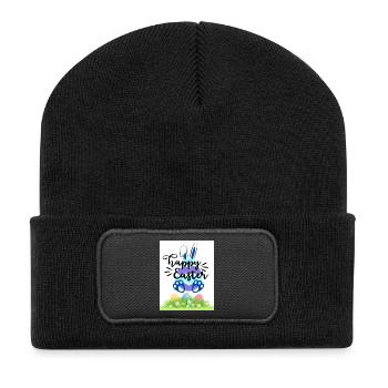 Happy Easter Osterhase Kontur mit Ostereiern - Recycelte Patch Beanie - Schwarz - Vorne