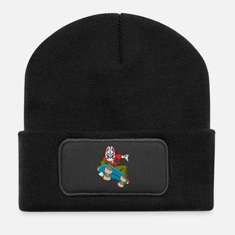 Renard étrange en skateboard - Beanie recyclé à patch - noir