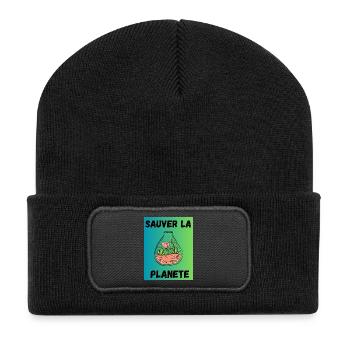 FEDER. GARTENARBEIT. RUHESTAND. FEDER. GARTEN. - Recycelte Patch Beanie - Schwarz - Vorne