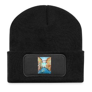 Lebendige Gasse mit Straßencafés Multergasse - Recycelte Patch Beanie - Schwarz - Vorne