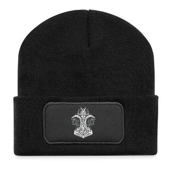 Thors Hammer Mjolnir Wikinger Symbol - Recycelte Patch Beanie - Schwarz - Vorne