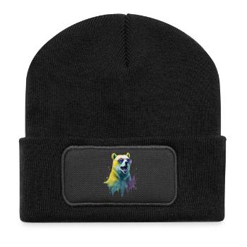 cooler Eisbär mit Sonnenbrille, Portrait - Recycelte Patch Beanie - Schwarz - Vorne