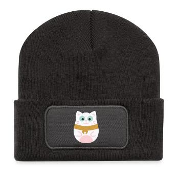Maneki Neko L Japanische Glückskatze - Recycelte Patch Beanie - Dunkelgrau - Vorne