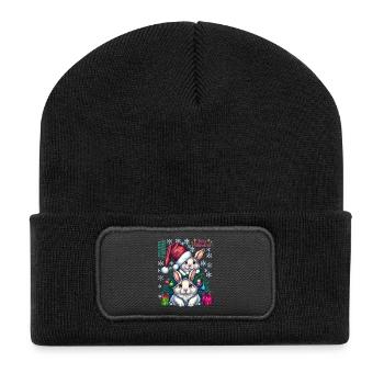 Festliche Osterhasen mit Weihnachtsmütze - Recycelte Patch Beanie - Schwarz - Vorne