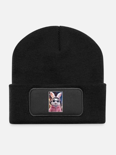 Cuddly bunny with glasses and hoodie - Recycled Patch Beanie - black