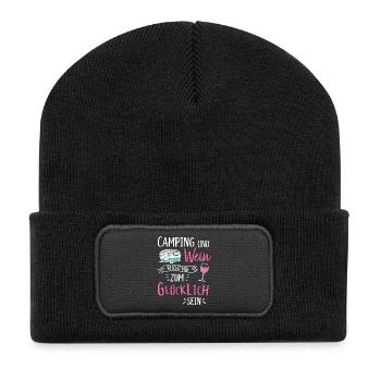 Camping und Wein Wohnwagen Camper Campingplatz - Recycelte Patch Beanie - Schwarz - Vorne