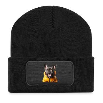 Fröhliche französische Bulldogge im Regenmantel - Recycelte Patch Beanie - Schwarz - Vorne