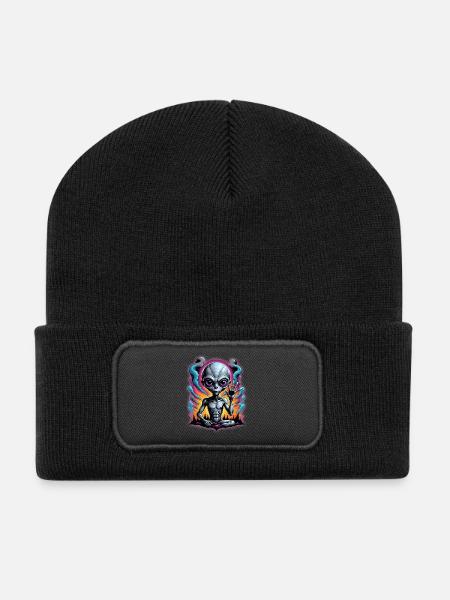 Cosmic Alien Meditation Artwork - Recycled Patch Beanie - black