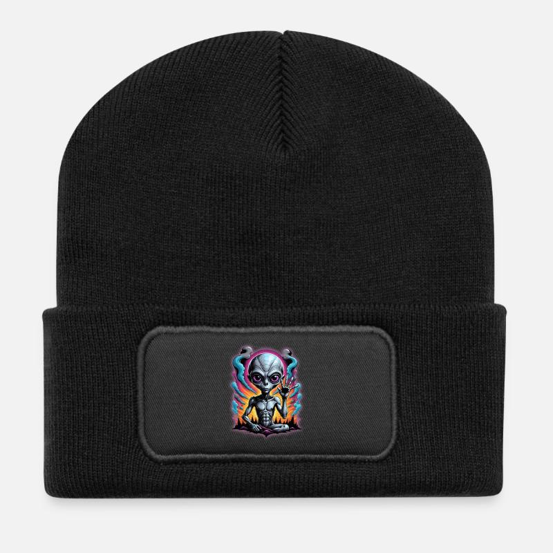 Cosmic Alien Meditation Artwork - Recycled Patch Beanie - black