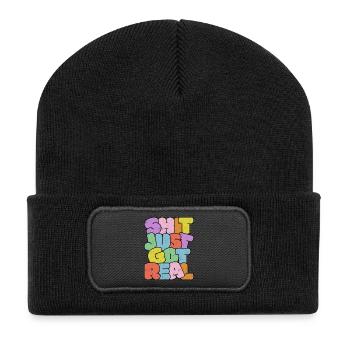 Helles buntes Slang-Typografie-Design - Recycelte Patch Beanie - Schwarz - Vorne