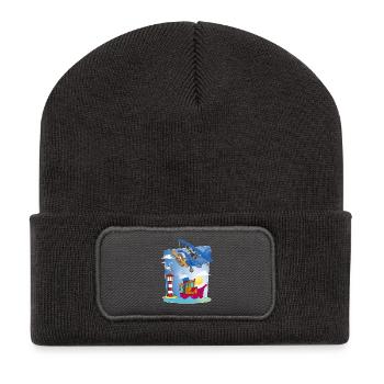 sun, sea, plane, boat lighthouse and seagull - Recycled Patch Beanie - dark grey - Front