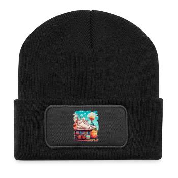 Bunte Kreation Jahrmarkt, Spiele, Süßigkeiten - Recycelte Patch Beanie - Schwarz - Vorne