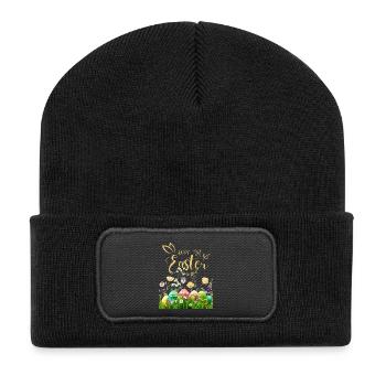 Goldenes Osterfest - Blumen und Eier - Recycelte Patch Beanie - Schwarz - Vorne