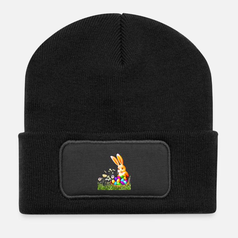 Osterhase mit bunten Eiern - Recycelte Patch Beanie - Schwarz