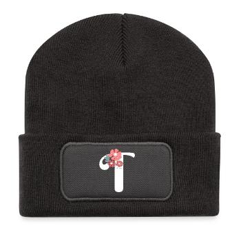 Lettre t fleurs minimalistes - Beanie recyclé à patch - charbon - Devant