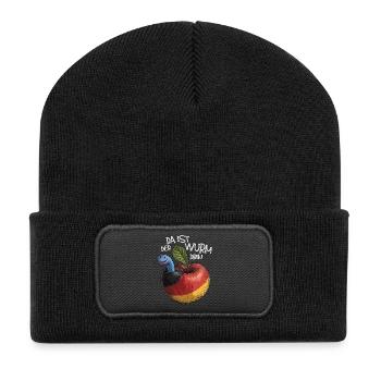 Wurm im Apfel mit Spruch - Recycelte Patch Beanie - Schwarz - Vorne