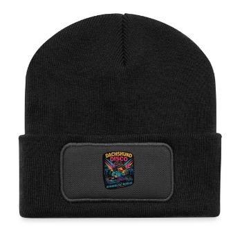 Dachshund Disco – Party Hund Design - Recycelte Patch Beanie - Schwarz - Vorne