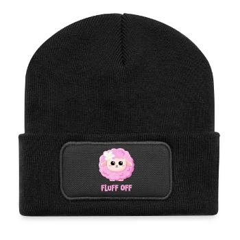Rosa Schaf mit Spruch lustig - Fluff off - Recycelte Patch Beanie - Schwarz - Vorne