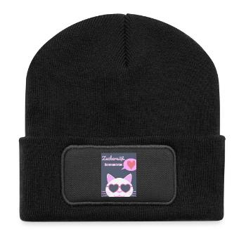 Zuckersüßer Katzenkult mit Herzbrille - Recycelte Patch Beanie - Schwarz - Vorne