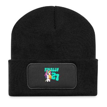 Unicorn Finally 21 - Bier Geburtstag Einhorn  - Recycelte Patch Beanie - Schwarz - Vorne