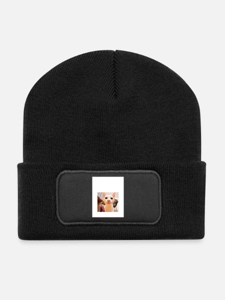 Playful Cat Portrait with Sniffing Detail - Recycled Patch Beanie - black