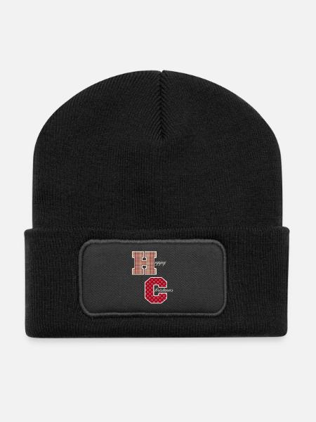 "Happy Christmas" Buchstaben mit Weihnachtsmuster - Recycelte Patch Beanie - Schwarz