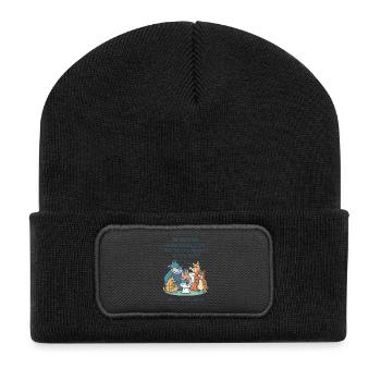 Morning chaos of the animal gang: smoking, toilet, coffee - Recycled Patch Beanie - black - Front