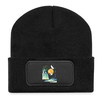 Korean Seollal Design – Cranes and Sun - Recycelte Patch Beanie - Schwarz - Vorne