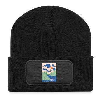 Korean Art Design with Cranes & Origami Boat - Recycled Patch Beanie - black - Front