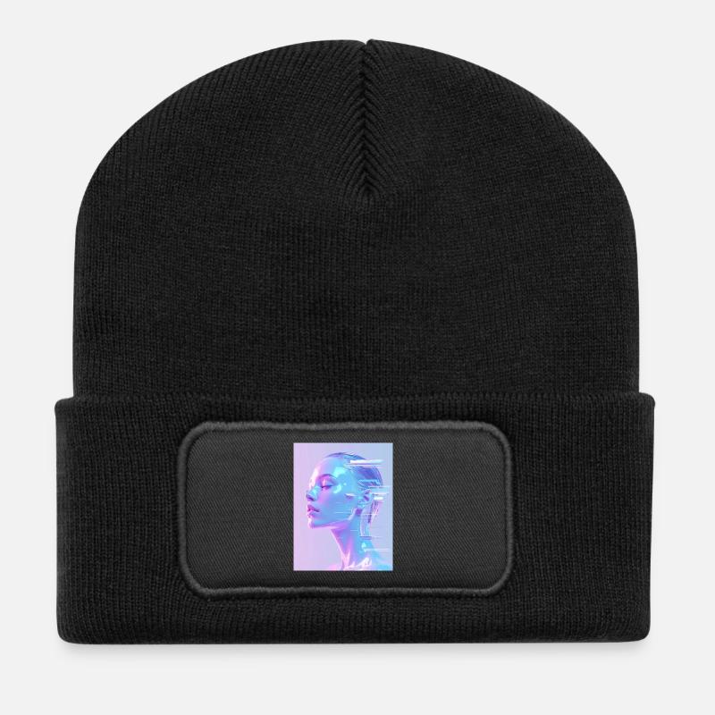 Portrait holographique Glitch - Beanie recyclé à patch - noir