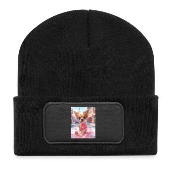 Chiot en bonbon avec canne en bonbon - Beanie recyclé à patch - noir - Devant