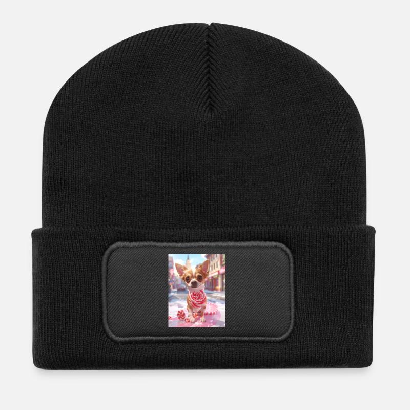Candy Pup with Candy Cane - Recycled Patch Beanie - black