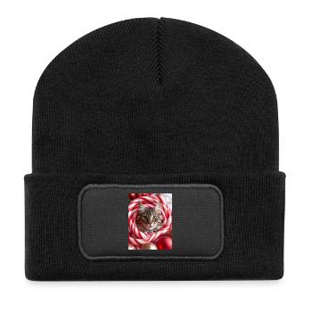 Weihnachtskatze zwischen Zuckerstangen - Recycelte Patch Beanie - Schwarz - Vorne
