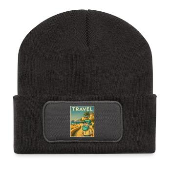 Art Deco Travel Poster mit Opa am Mittelmeer - Recycelte Patch Beanie - Dunkelgrau - Vorne