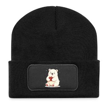 Niedlicher Eisbär mit Geschenkillustration - Recycelte Patch Beanie - Schwarz - Vorne
