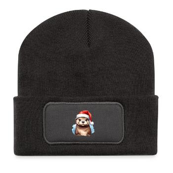 Otter mit Nikolausmütze passend zu Weihnachten - Recycelte Patch Beanie - Dunkelgrau - Vorne