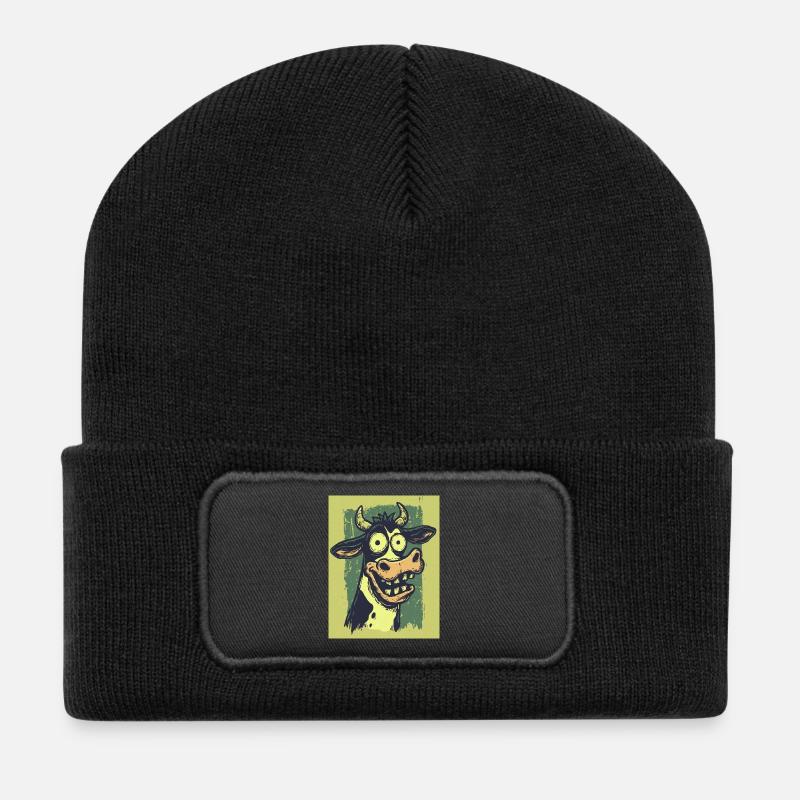 Grotesque Cow Comic Caricatures - Recycled Patch Beanie - black