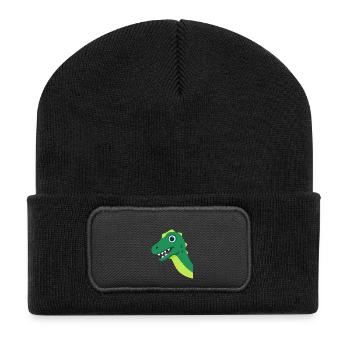 Grüner Dino Cartoon Motiv - Recycelte Patch Beanie - Schwarz - Vorne