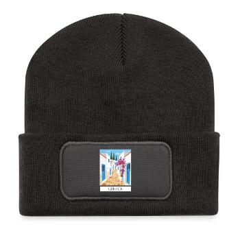 Griechischer Straßenpfad Blauweiß - Recycelte Patch Beanie - Dunkelgrau - Vorne