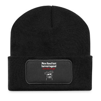 Dog hears excellently - dog with sunglasses - Recycled Patch Beanie - black - Front