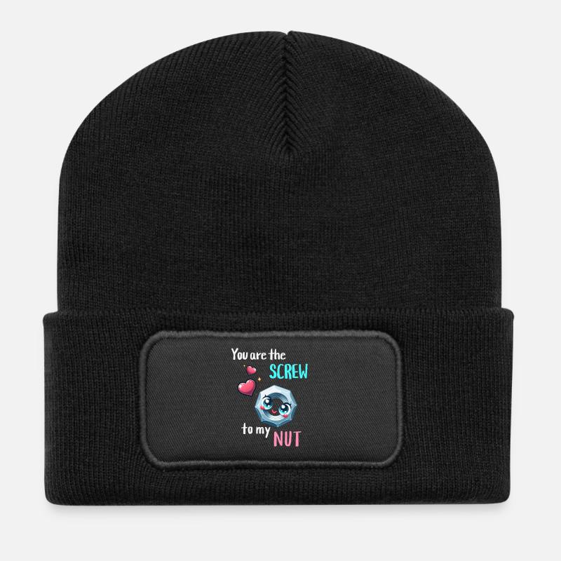 Lustiges Mutter Schrauben Paar Design - Recycelte Patch Beanie - Schwarz