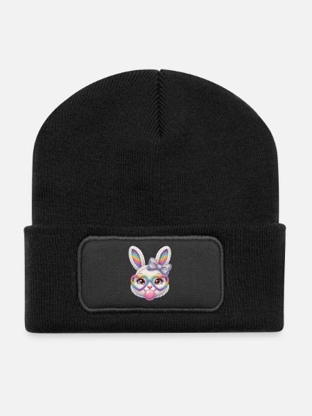 Osterhase Kaugummiblase Herz Brille Regenbogen - Recycelte Patch Beanie - Schwarz