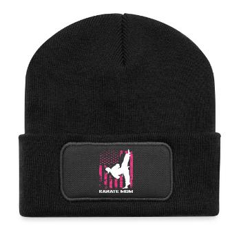 Karate Mama USA Flagge Kampfsport Mutter Pink - Recycelte Patch Beanie - Schwarz - Vorne