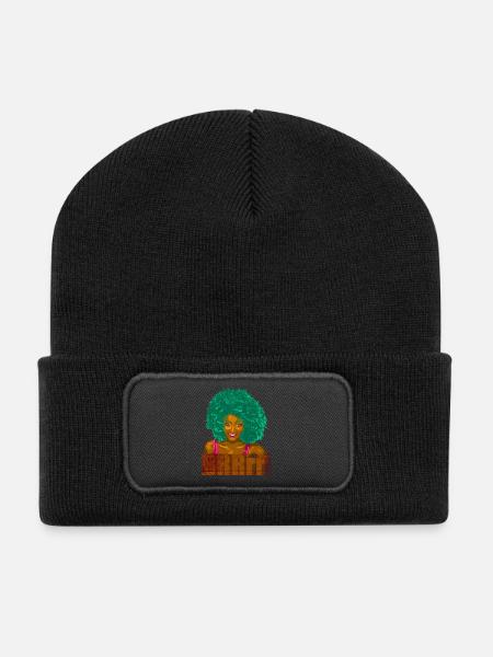 Türkisfarbenes Afro-Pop-Porträt - Recycelte Patch Beanie - Schwarz