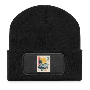 Vagues rétro de coucher de soleil en mer sauvage - Beanie recyclé à patch - noir - Devant